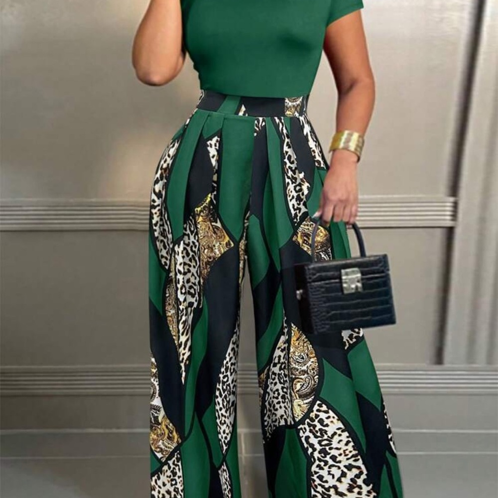 SHEIN Green and Black Wide Leg Jumpsuit with Ornate Print
